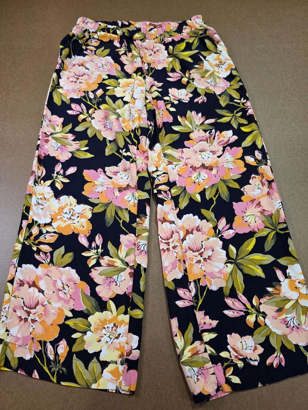LOFT Womens Black Wide-Leg Floral Pants with Pink & Green Blooms Large